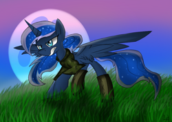 Size: 800x570 | Tagged: safe, artist:rosenhip, princess luna, alicorn, pony, boots, camouflage, clothes, gritted teeth, moon, shirt, solo, spread wings