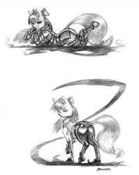 Size: 1100x1385 | Tagged: safe, artist:baron engel, apple bloom, pony, armor, clothes, female, grayscale, latex, latex boots, looking at you, monochrome, plot, signature, simple background, solo, traditional art, white background