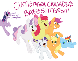 Size: 1765x1399 | Tagged: safe, artist:cartoonlion, derpibooru import, apple bloom, applejack, rainbow dash, rarity, scootaloo, sweetie belle, twilight sparkle, unicorn twilight, earth pony, pegasus, pony, unicorn, age regression, crying, cutie mark crusaders, female, filly, filly applejack, filly rainbow dash, filly rarity, running away, simple background, white background, younger