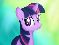 Size: 1024x768 | Tagged: safe, artist:bronytoss, derpibooru import, twilight sparkle, pony, unicorn, bust, female, gradient background, looking at you, looking sideways, mare, portrait, smiling, solo, three quarter view