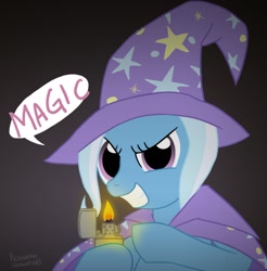 Size: 900x915 | Tagged: safe, artist:piconano, derpibooru import, trixie, pony, unicorn, female, fire, grin, lighter, magic, mare, smiling, solo