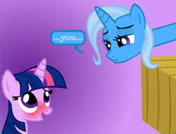 Size: 892x680 | Tagged: safe, artist:navitaserussirus, derpibooru import, trixie, twilight sparkle, blushing, comic, cropped, female, lesbian, long neck, shipping, twixie