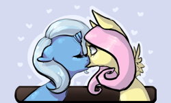 Size: 500x301 | Tagged: safe, artist:ferrettea, derpibooru import, fluttershy, trixie, pegasus, pony, broken horn, female, heart, kissing, lesbian, shipping, trixieshy