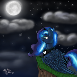 Size: 5000x5000 | Tagged: safe, artist:brexithepotato, princess luna, alicorn, pony, absurd resolution, cloud, cloudy, moon, night, prone, shooting star, solo