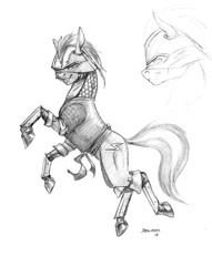 Size: 950x1242 | Tagged: safe, artist:baron engel, oc, oc only, oc:blue streak, armor, grayscale, helmet, looking at you, male, monochrome, pencil drawing, simple background, sketch, smiling, solo, stallion, traditional art, white background