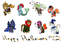 Size: 1300x880 | Tagged: safe, artist:kudalyn, feathermay, princess luna, oc, oc:apple mallow, oc:aqua drop, oc:icy delight, oc:kudalyn, oc:moon brook, oc:strawberry fields, oc:strawberry orange, alicorn, hippocampus, merpony, pony, ask, clothes, costume, crossover, questionthekudas, simple background, tumblr, white background