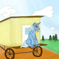 Size: 1280x1280 | Tagged: safe, artist:sqoad-and-ponies, derpibooru import, trixie, pony, unicorn, female, mare, solo, wagon