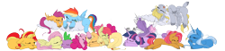 Size: 3500x800 | Tagged: dead source, safe, artist:loyaldis, derpibooru import, apple bloom, applejack, babs seed, derpy hooves, fluttershy, pinkie pie, rainbow dash, rarity, scootaloo, spike, sunset shimmer, sweetie belle, trixie, twilight sparkle, twilight sparkle (alicorn), alicorn, dragon, earth pony, pegasus, pony, unicorn, cuddle puddle, cutie mark crusaders, mane seven, mane six, sleeping, unshorn fetlocks