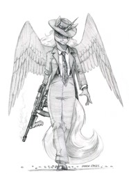 Size: 1100x1478 | Tagged: safe, artist:baron engel, princess luna, alicorn, anthro, unguligrade anthro, clothes, female, gangster, grayscale, gun, hat, looking at you, mare, monochrome, pencil drawing, serious, serious face, simple background, sketch, suit, tommy gun, traditional art, weapon, white background