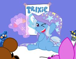 Size: 3277x2548 | Tagged: safe, artist:zanefir-dran, derpibooru import, star swirl the bearded, trixie, pony, unicorn, ursa minor, female, filly, flower, magic, magic aura, mare, plushie, solo, teddy bear, telekinesis, ursa plush