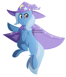 Size: 789x919 | Tagged: dead source, safe, artist:pandaamanda11, derpibooru import, trixie, pony, unicorn, cape, clothes, female, hat, mare, simple background, smiling, solo, transparent background, trixie's cape, trixie's hat