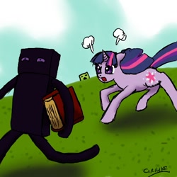 Size: 512x512 | Tagged: safe, artist:ciriliko, derpibooru import, twilight sparkle, unicorn twilight, pony, unicorn, book, chase, creeper, crossover, enderman, female, mare, minecraft