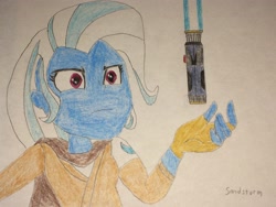 Size: 3264x2448 | Tagged: safe, artist:sandstorm-arts, derpibooru import, trixie, equestria girls, crossover, drawing, jedi, lightsaber, star wars, traditional art, weapon