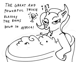 Size: 928x748 | Tagged: safe, artist:faience, derpibooru import, trixie, unicorn, africa, africa (song), alcohol, bath, black and white, bubble, ear fluff, female, grayscale, looking at you, mare, martini, monochrome, scrubs, sketch, solo, song reference, toto (band), unshorn fetlocks