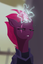 Size: 2208x3264 | Tagged: safe, artist:your-dear-skyla, tempest shadow, my little pony: the movie, broken horn, eye scar, glowing horn, horn, scar, signature, solo, sparking horn, squint