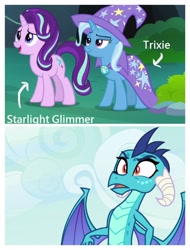 Size: 3106x4096 | Tagged: safe, derpibooru import, edit, edited screencap, screencap, princess ember, starlight glimmer, trixie, dragon, pony, unicorn, to change a changeling, triple threat