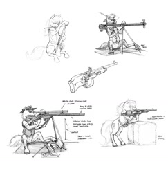 Size: 1112x1144 | Tagged: safe, artist:baron engel, oc, oc only, earth pony, pony, black and white, concept art, female, grayscale, gun, hat, hooves, male, mare, monochrome, optical sight, pencil drawing, rifle, simple background, sketch, sniper, sniper rifle, solo, stallion, text, traditional art, unnamed oc, weapon, white background