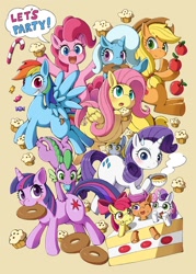 Size: 858x1200 | Tagged: safe, artist:moriguru, derpibooru import, apple bloom, applejack, derpy hooves, fluttershy, pinkie pie, rainbow dash, rarity, scootaloo, spike, sweetie belle, trixie, twilight sparkle, dragon, earth pony, pegasus, pony, unicorn, action poster, apple, cake, candy, candy cane, cupcake, cutie mark crusaders, donut, female, food, mane six, mare, muffin, pixiv, poster, tea