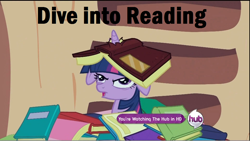 Size: 960x541 | Tagged: safe, derpibooru import, edit, edited screencap, screencap, twilight sparkle, pony, unicorn, secret of my excess, book, book hat, caption, derp, floppy ears, golden oaks library, horn, horn impalement, hub logo, open mouth