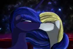 Size: 3000x2000 | Tagged: safe, artist:bluenight01, derpy hooves, princess luna, alicorn, pegasus, pony, blushing, eyes closed, female, floppy ears, kissing, lesbian, lunaderp, mare, night, shipping