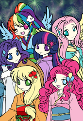 Size: 400x585 | Tagged: dead source, safe, artist:meru, derpibooru import, applejack, fluttershy, pinkie pie, rainbow dash, rarity, twilight sparkle, human, beautiful, clothes, cute, cutie mark accessory, dashabetes, diapinkes, dress, eye clipping through hair, humanized, jackabetes, kimono (clothing), mane six, no nose, no pupils, one eye closed, open mouth, raribetes, shyabetes, twiabetes, winged humanization, wings, wink