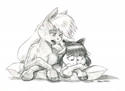 Size: 1400x1021 | Tagged: safe, artist:baron engel, apple bloom, applejack, earth pony, pony, bow, female, filly, freckles, grayscale, hair bow, hatless, mare, missing accessory, monochrome, pencil drawing, pillow, prone, simple background, sketch, story included, traditional art, white background