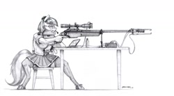 Size: 1700x938 | Tagged: safe, artist:baron engel, coco pommel, anthro, earth pony, unguligrade anthro, black and white, bottle, chair, clothes, computer, female, glasses, goggles, grayscale, gun, laptop computer, monochrome, optical sight, pencil drawing, pleated skirt, rifle, sako trg, simple background, sitting, sketch, skirt, sniper, sniper rifle, solo, stockings, table, thigh highs, traditional art, trigger discipline, weapon, white background