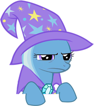 Size: 184x208 | Tagged: artist needed, safe, derpibooru import, trixie, pony, unicorn, applestare, cape, clothes, female, hat, mare, reaction image, solo, trixie's cape, trixie's hat