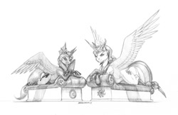 Size: 1490x964 | Tagged: safe, artist:baron engel, idw, princess celestia, princess luna, alicorn, pony, reflections, spoiler:comic, armor, crossed hooves, evil, evil celestia, evil luna, evil sisters, grayscale, monochrome, patreon, patreon reward, pencil drawing, royal sisters, simple background, traditional art, white background