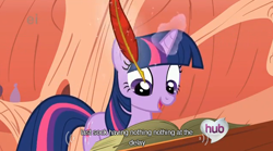 Size: 634x352 | Tagged: safe, derpibooru import, screencap, twilight sparkle, look before you sleep, ei, hub logo, youtube caption