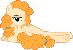 Size: 10800x7441 | Tagged: safe, artist:mrkat7214, derpibooru import, pear butter, earth pony, pony, absurd resolution, bedroom eyes, dock, draw me like one of your french girls, female, looking at you, looking back, looking back at you, lying down, mare, milf, plot, profile, show accurate, simple background, solo, sultry pose, transparent background, underhoof, vector