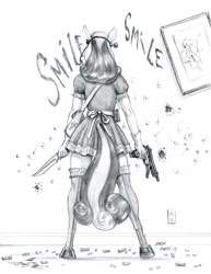 Size: 1100x1423 | Tagged: safe, artist:baron engel, bon bon, sweetie drops, anthro, unguligrade anthro, beretta 93r, clothes, dagger, female, grayscale, gun, maid, mare, monochrome, pencil drawing, rear view, secret agent sweetie drops, simple background, sketch, solo, traditional art, weapon, white background