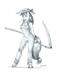 Size: 1100x1389 | Tagged: safe, artist:baron engel, apple bloom, anthro, earth pony, unguligrade anthro, apple bloomed, breasts, clothes, female, grayscale, mare, monochrome, older, older apple bloom, pencil drawing, scythe, simple background, sketch, smiling, traditional art, white background