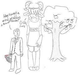 Size: 731x717 | Tagged: safe, artist:heretichesh, oc, oc only, oc:anon, oc:ariana, satyr, apple tree, basket, father and child, father and daughter, male, offspring, parent and child, parent:arimaspi, picnic basket, tree