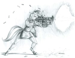 Size: 1400x1078 | Tagged: safe, artist:baron engel, lyra heartstrings, anthro, unguligrade anthro, unicorn, clothes, drum magazine, eotech, female, grayscale, gun, h&k g3, heckler and koch, mare, monochrome, pencil drawing, simple background, sketch, story included, traditional art, weapon, white background
