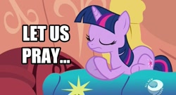 Size: 1125x609 | Tagged: safe, derpibooru import, edit, edited screencap, screencap, twilight sparkle, unicorn twilight, pony, unicorn, bed, caption, eyes closed, female, golden oaks library, image macro, mare, prayer, religion, solo