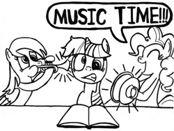 Size: 685x516 | Tagged: safe, artist:samueleallen, derpibooru import, derpy hooves, pinkie pie, twilight sparkle, earth pony, pegasus, pony, book, cymbals, female, mare, musical instrument, trumpet