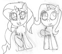 Size: 662x585 | Tagged: safe, artist:splashofwater, derpibooru import, sunset shimmer, trixie, pony, sketch, traditional art