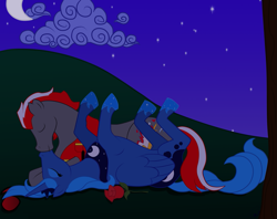 Size: 1023x809 | Tagged: safe, artist:natmonkey, princess luna, oc, oc:hyper active, alicorn, pony, canon x oc, clothes, cloud, date, eyes closed, moon, nuzzling, rose, scenery, shipping, stars, sunglasses, vest