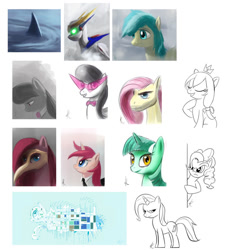 Size: 863x925 | Tagged: safe, artist:raikoh, derpibooru import, fluttershy, lyra heartstrings, octavia melody, pinkie pie, roseluck, sunshower raindrops, trixie, oc, earth pony, pegasus, pony, dawn star, flutterguy, pinkamena diane pie, sketch dump