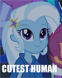 Size: 464x577 | Tagged: safe, derpibooru import, trixie, equestria girls, cute, female, image macro, meme, smiling, solo