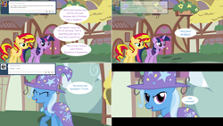 Size: 2564x1444 | Tagged: safe, artist:hakunohamikage, derpibooru import, sunset shimmer, trixie, twilight sparkle, twilight sparkle (alicorn), alicorn, pony, ask, ask-princesssparkle, comic, tumblr