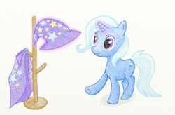 Size: 338x222 | Tagged: safe, artist:jess, derpibooru import, trixie, pony, unicorn, cape, clothes, colored pencil drawing, female, glowing horn, hat, magic, mare, simple background, solo, telekinesis, traditional art, white background