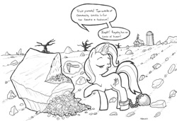 Size: 1462x1000 | Tagged: safe, artist:abronyaccount, derpibooru import, trixie, pony, unicorn, ball and chain, female, grayscale, mare, monochrome, pickaxe, rock, rock farm, scene interpretation, solo, working