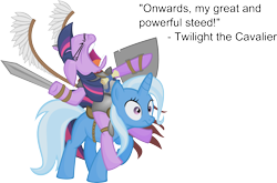 Size: 4867x3216 | Tagged: safe, artist:jittery-the-dragon, derpibooru import, trixie, twilight sparkle, unicorn twilight, pony, unicorn, armor, cavalier, duo, eyes closed, fake wings, fantasy class, female, floppy ears, frown, great and powerful, hussar, knight, mare, open mouth, pathfinder, poland, ponies riding ponies, riding, shield, simple background, sword, text, transparent background, warrior, warrior twilight sparkle, weapon, wide eyes, winged hussar