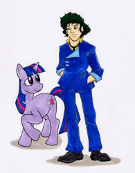 Size: 523x671 | Tagged: safe, artist:rabbi-tom, derpibooru import, twilight sparkle, unicorn twilight, human, pony, unicorn, cowboy bebop, crossover, female, implied spike, male, mare, namesake, silly, spike spiegel