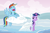 Size: 1022x672 | Tagged: safe, artist:gingermint, artist:icekatze, derpibooru import, rainbow dash, twilight sparkle, pegasus, pony, cloud, cloudy, duo, eyes closed, ice, prank, snow, twilight is not amused, unamused