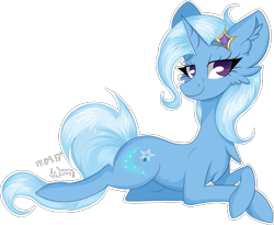 Size: 1267x1037 | Tagged: safe, artist:woonborg, derpibooru import, trixie, pony, unicorn, cheek fluff, chest fluff, ear fluff, female, lidded eyes, looking at you, lying down, mare, signature, simple background, smiling, smirk, solo, transparent background