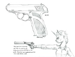 Size: 1400x1067 | Tagged: safe, artist:baron engel, zesty gourmand, anthro, unicorn, clothes, female, grayscale, gun, handgun, mare, monochrome, pencil drawing, simple background, sketch, solo, suppressor, traditional art, weapon, white background