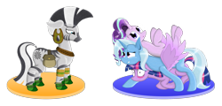 Size: 2500x1200 | Tagged: safe, artist:shinhoffman, derpibooru import, starlight glimmer, trixie, twilight sparkle, zecora, alicorn, pony, unicorn, zebra, :o, awkward smile, boots, bracelet, ear piercing, earring, eye contact, female, floppy ears, fluffy, frown, grin, jewelry, legs in air, lidded eyes, looking at each other, mare, nervous, on back, open mouth, piercing, ponies riding ponies, saddle bag, shoes, simple background, smiling, spread wings, squee, transparent background, wavy mouth, wide eyes, wings